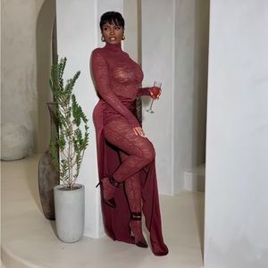 Wine-colored two piece full body (arms to toes) lace jumpsuit with skirt.